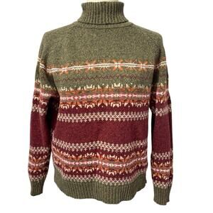 Mountain Lake Fair Isle Turtleneck Sweater PM Green Burgundy Ramie Cotton